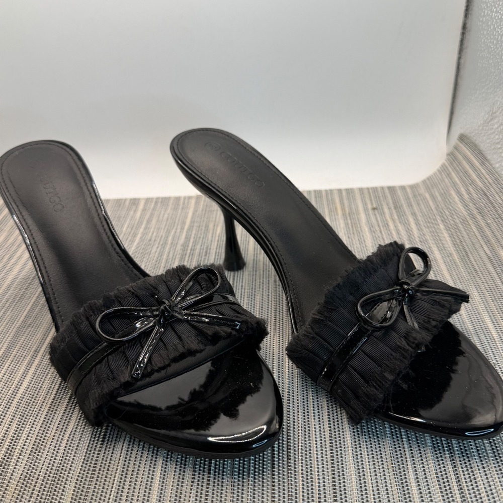 Coutgo Womens Kitten Heel Mules Black Patent Bow Frayed‎ Strap Sandals Size 8